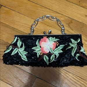Max Maver Embroidered Black Evening Clutch with handle or chain strap